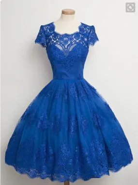 Lace Cap Sleeves Junior Blue Homecoming Dresses