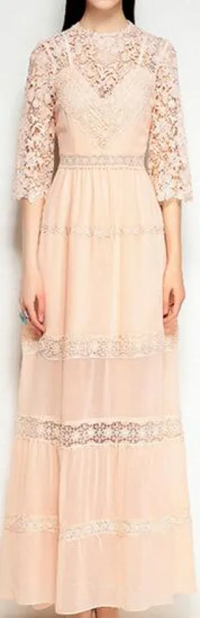 Lace-Paneled Half-Sleeve Gown