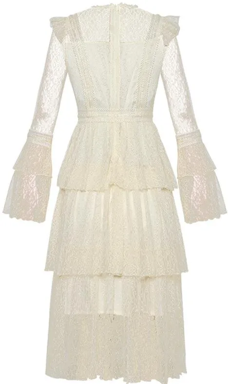 Lace-Tiered Long Sleeve Midi Dress, Cream