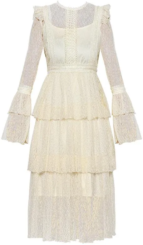 Lace-Tiered Long Sleeve Midi Dress, Cream