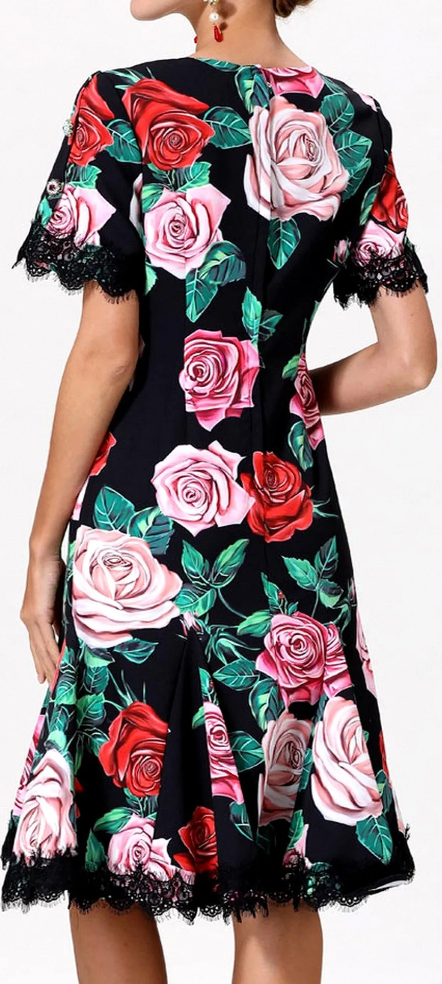 Lace-Trim Floral Print A-Line Dress