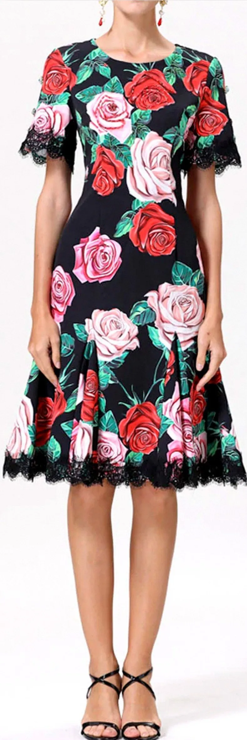 Lace-Trim Floral Print A-Line Dress