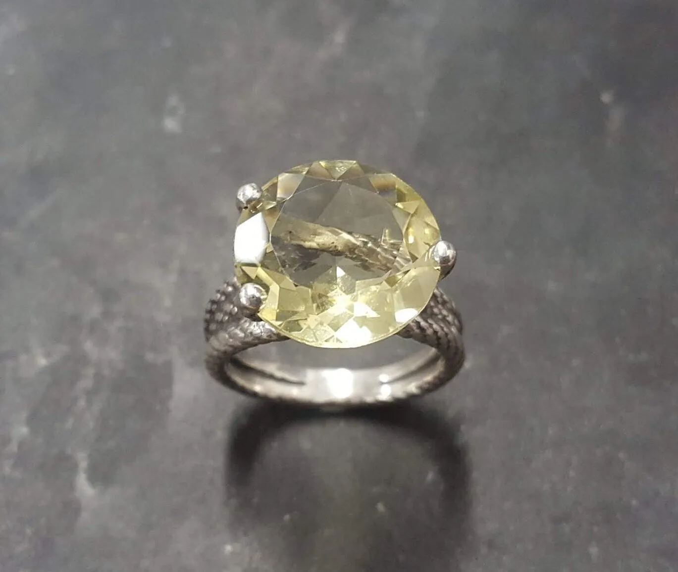 Lemon Quartz Ring - Large Yellow Ring - Triple Rope Band