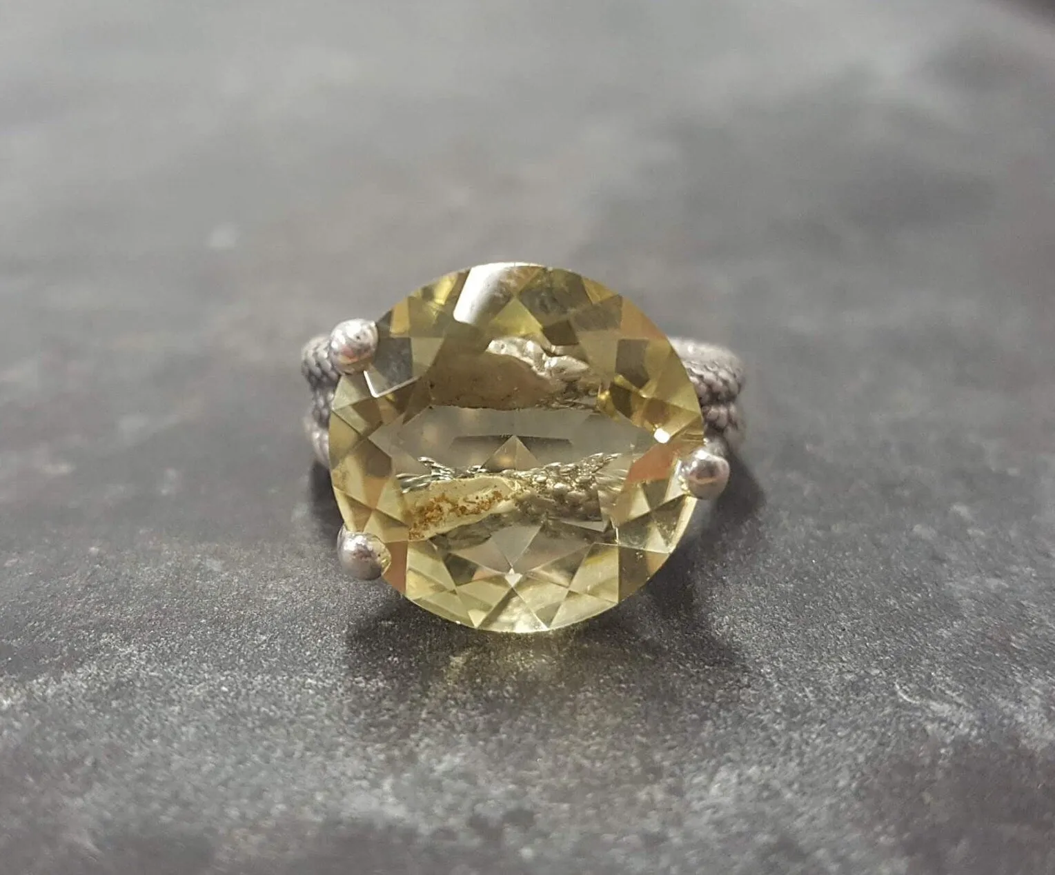 Lemon Quartz Ring - Large Yellow Ring - Triple Rope Band