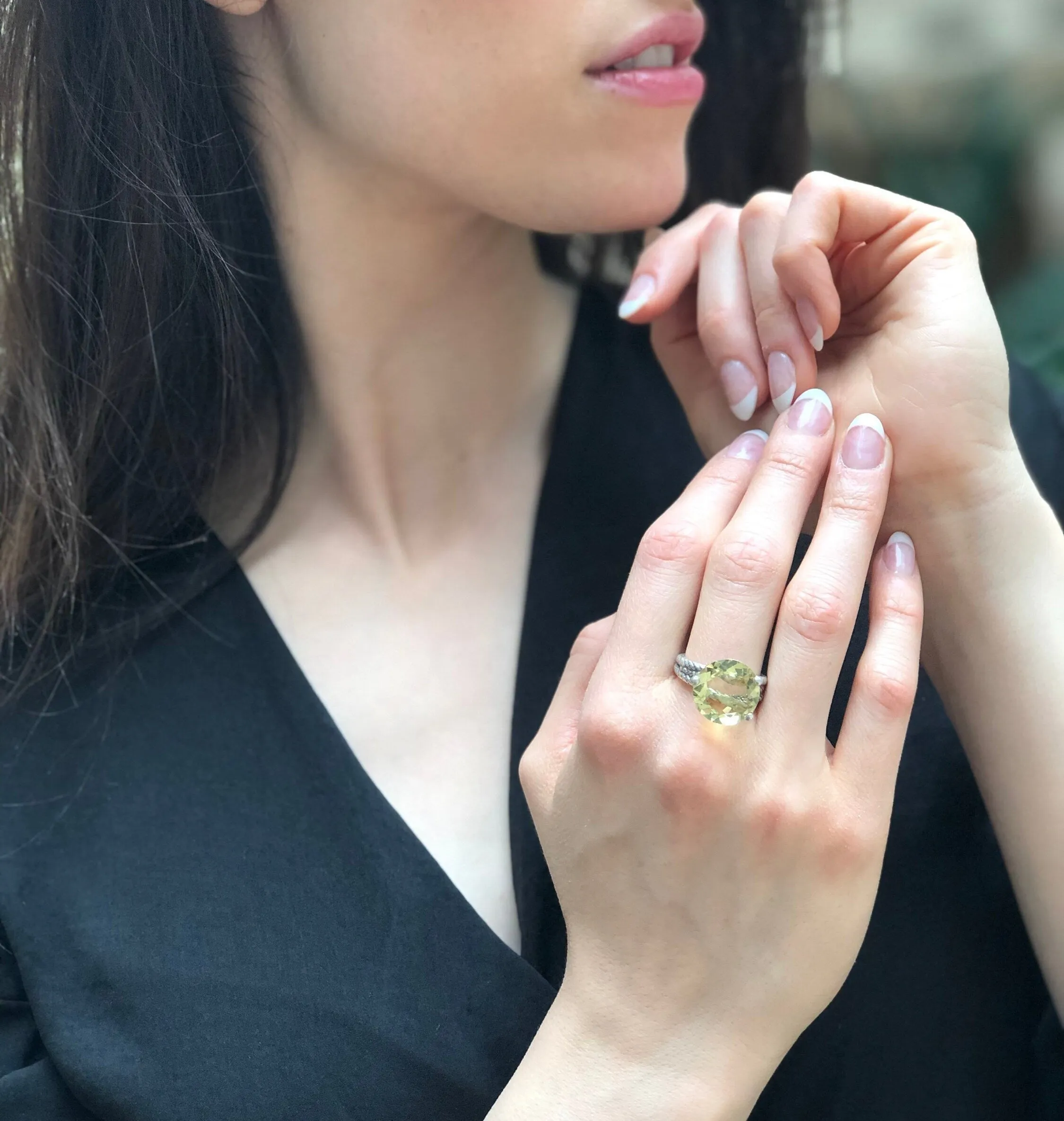 Lemon Quartz Ring - Large Yellow Ring - Triple Rope Band