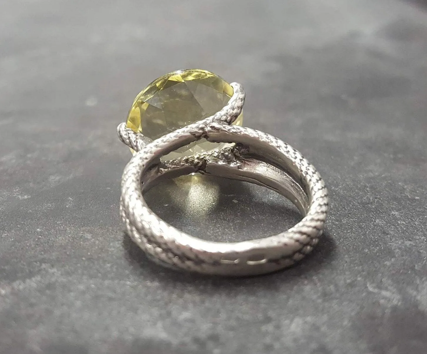 Lemon Quartz Ring - Large Yellow Ring - Triple Rope Band