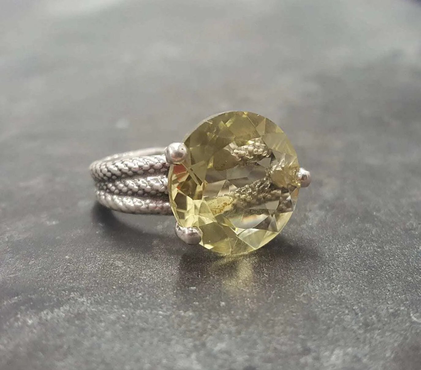 Lemon Quartz Ring - Large Yellow Ring - Triple Rope Band