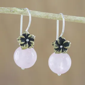 Lunar Florescence Hand Crafted Rose Quartz Dangle Earrings with Brass Flower