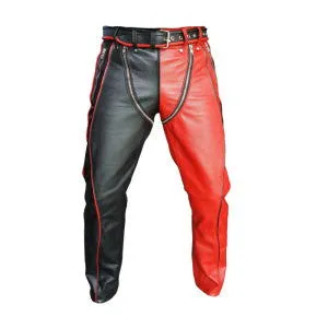 Mens New Style Bondage Pants Black & Red Leather Heavy Duty Jeans - R2