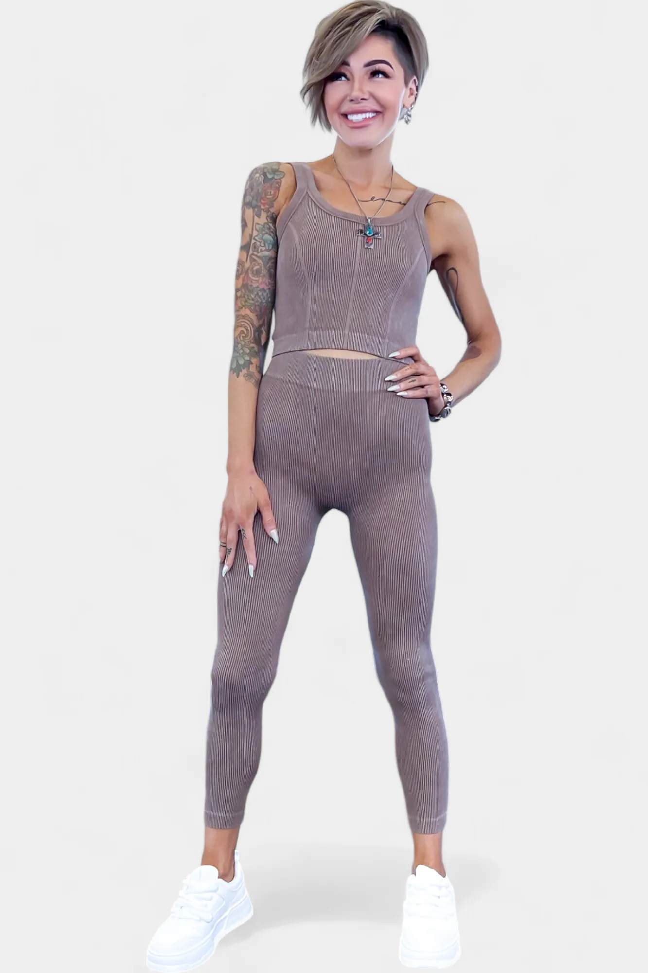 Mocha Ribbed Seamless Tank & Leggings Set