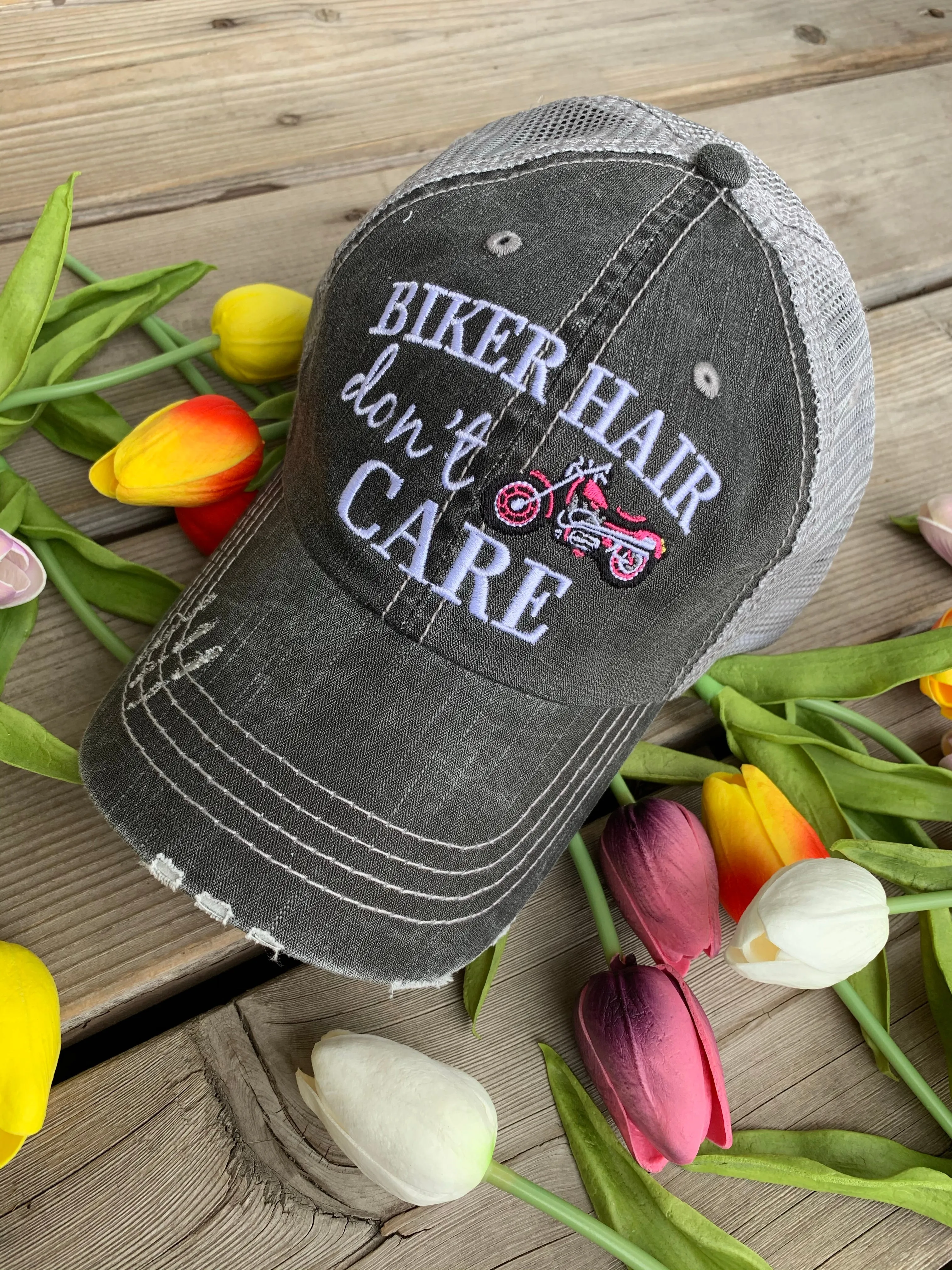 Motorcycle hats Biker hair dont care Embroidered trucker caps