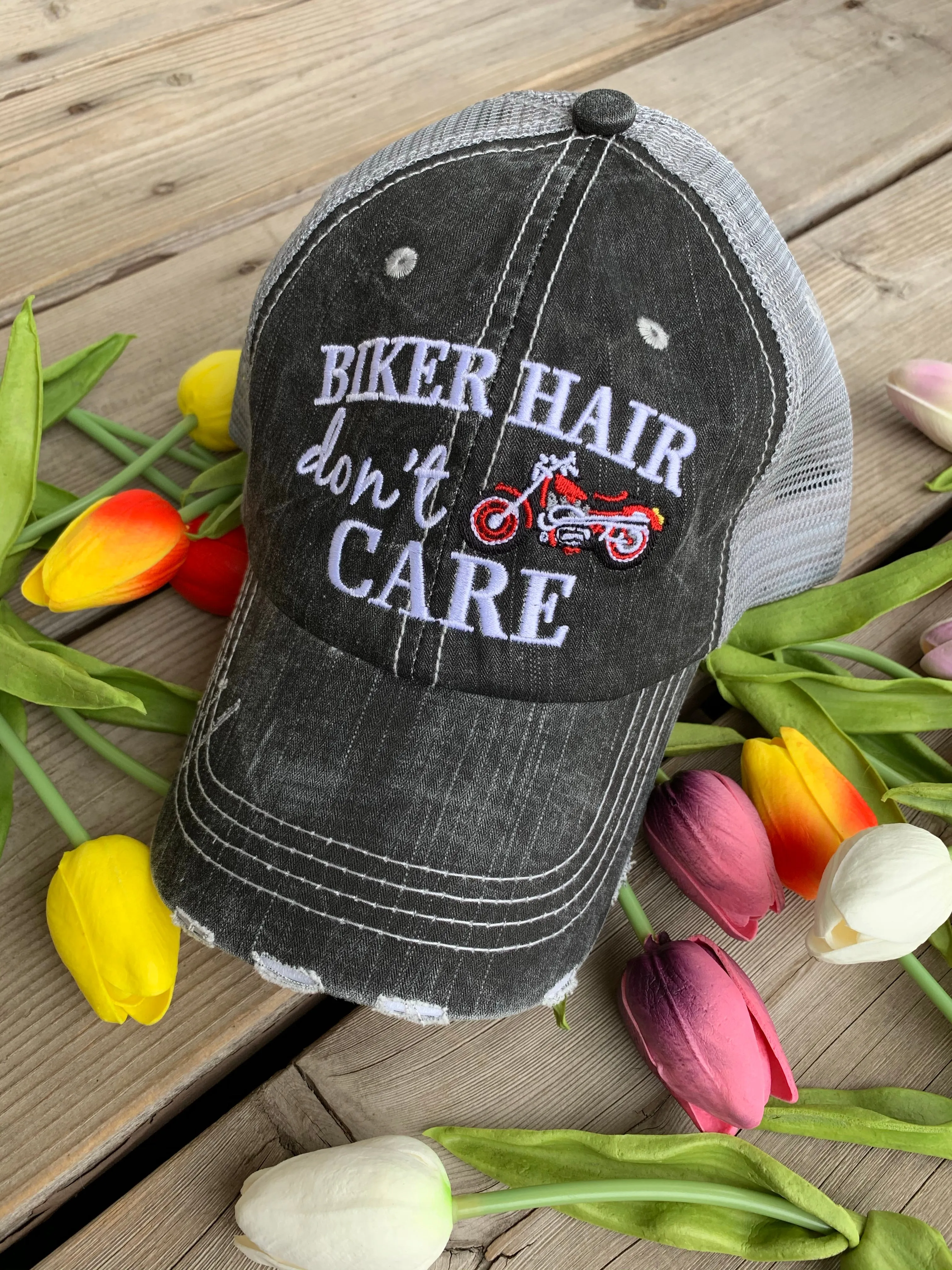 Motorcycle hats Biker hair dont care Embroidered trucker caps