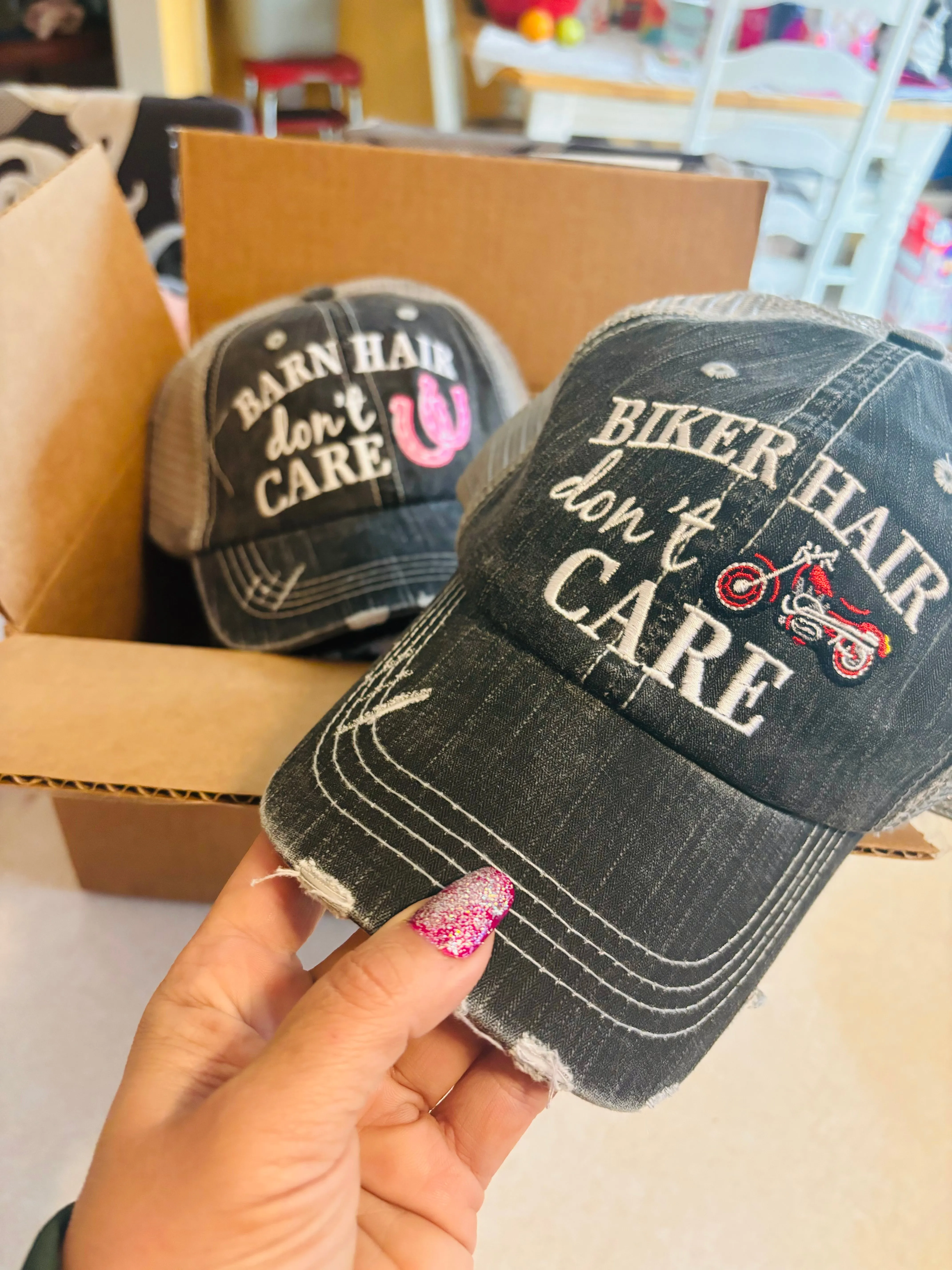 Motorcycle hats Biker hair dont care Embroidered trucker caps