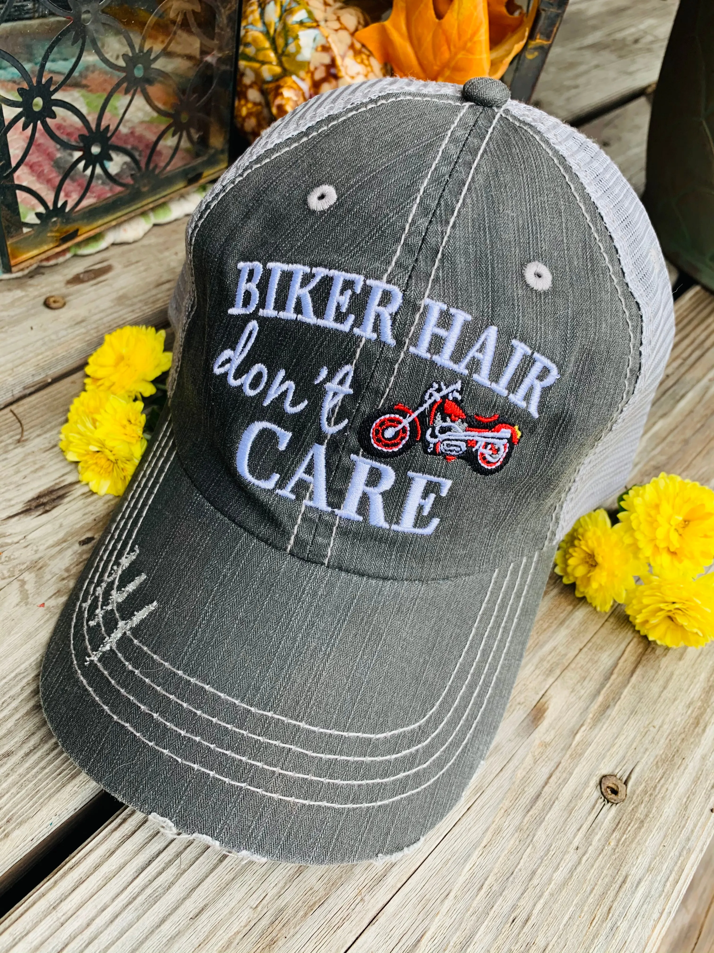 Motorcycle hats Biker hair dont care Embroidered trucker caps