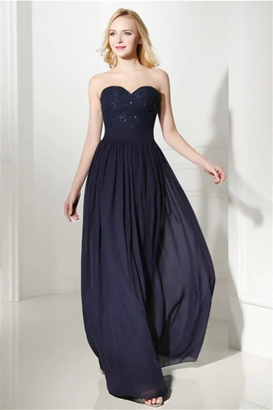 Navy Blue Chiffon Sweetheart Lace Beading Prom Dresses