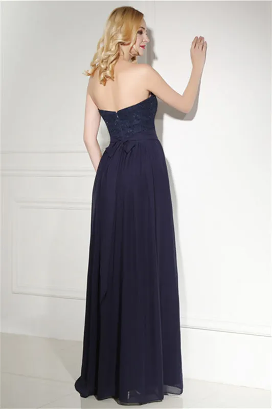 Navy Blue Chiffon Sweetheart Lace Beading Prom Dresses