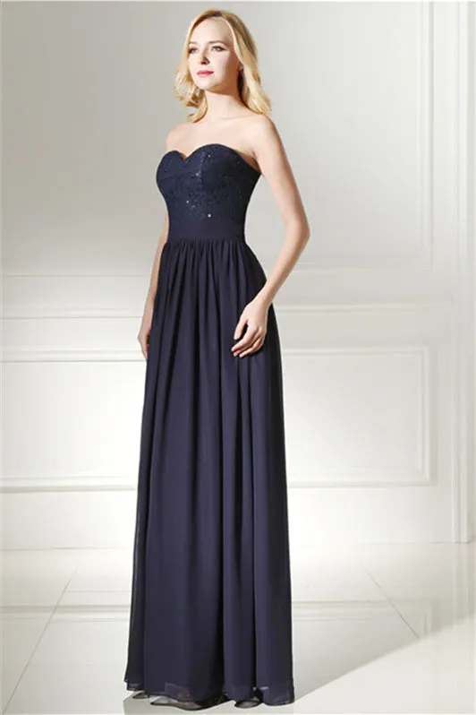 Navy Blue Chiffon Sweetheart Lace Beading Prom Dresses