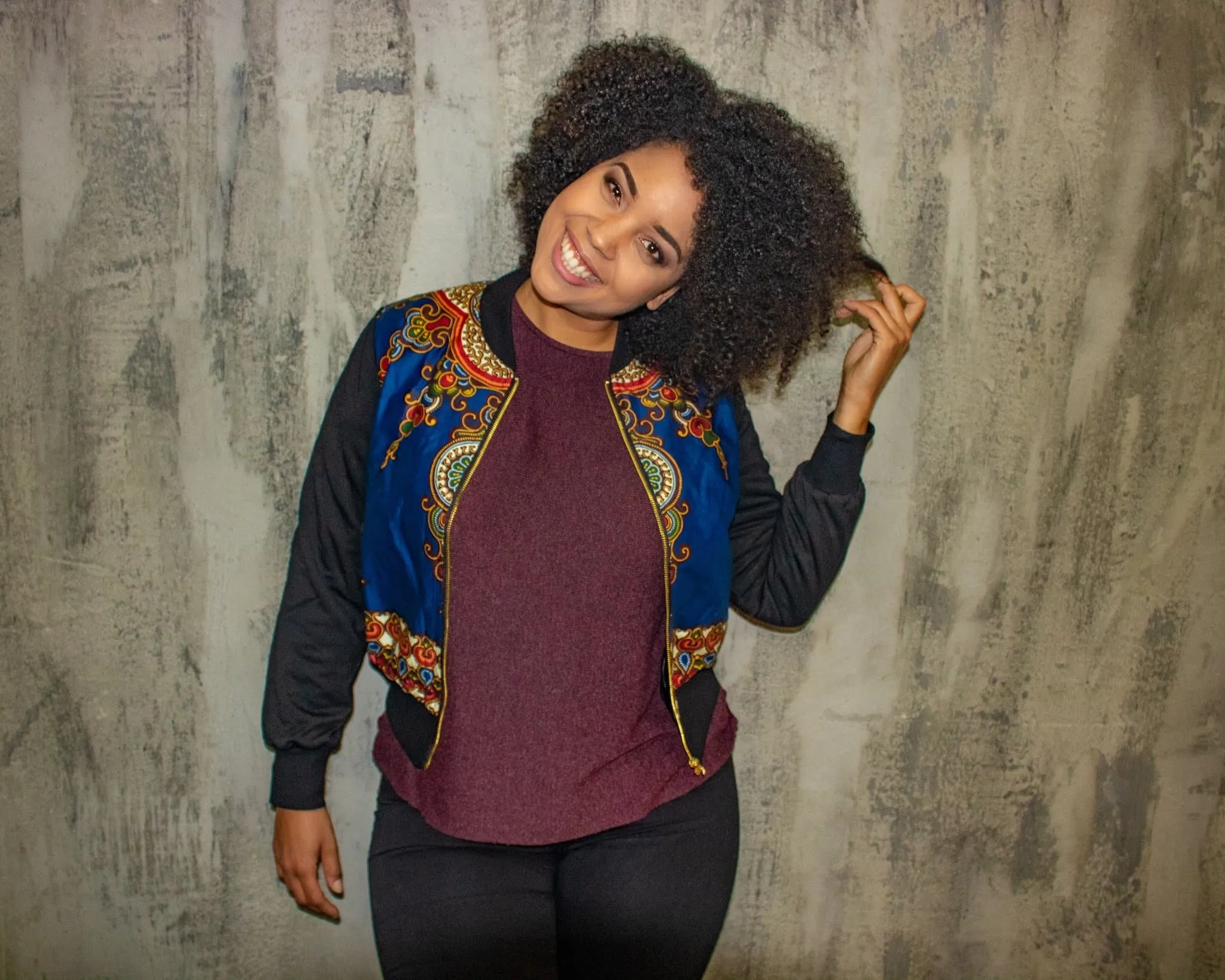 New in Padded Mixed Print Ankara Bomber Jacket - Blue