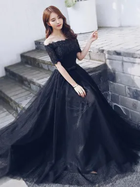 Off Shoulder Black Lace Fashion A-line lace Up Back Teenager Prom Dresses,PD00016