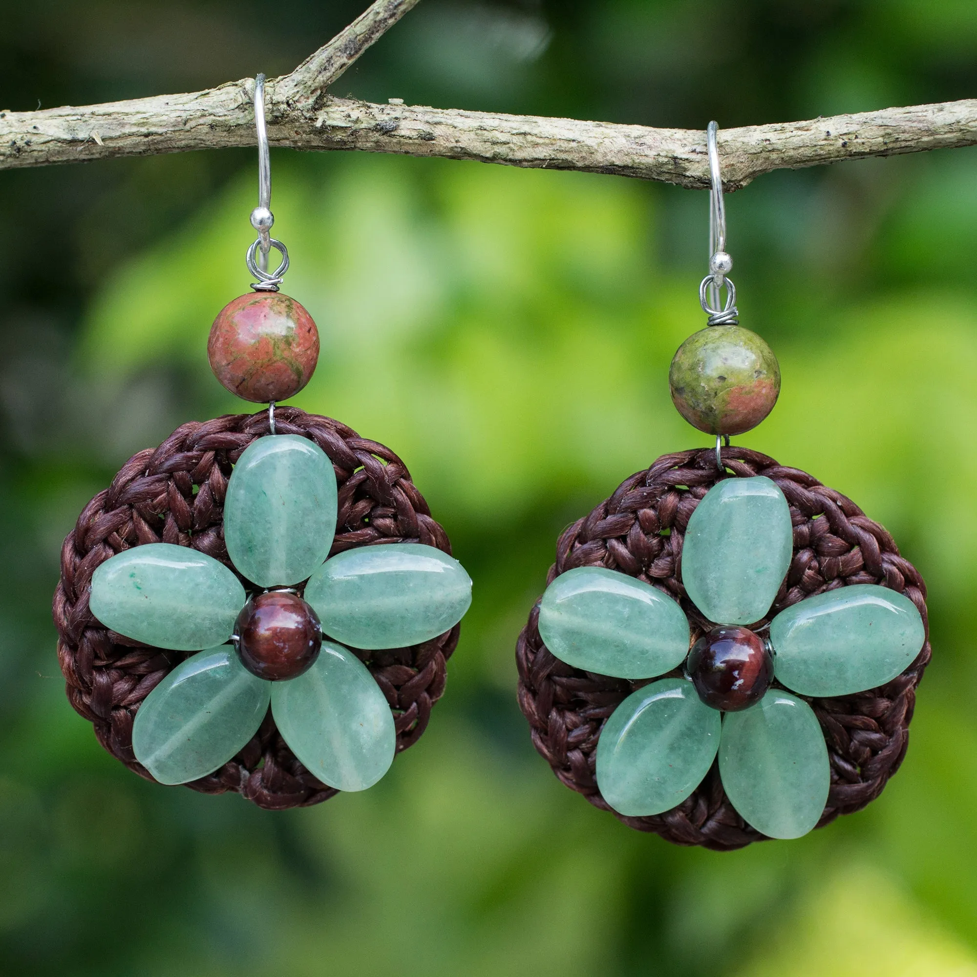 Pastel Daisy Crocheted Green Quartz Flower Earrings from Thailand