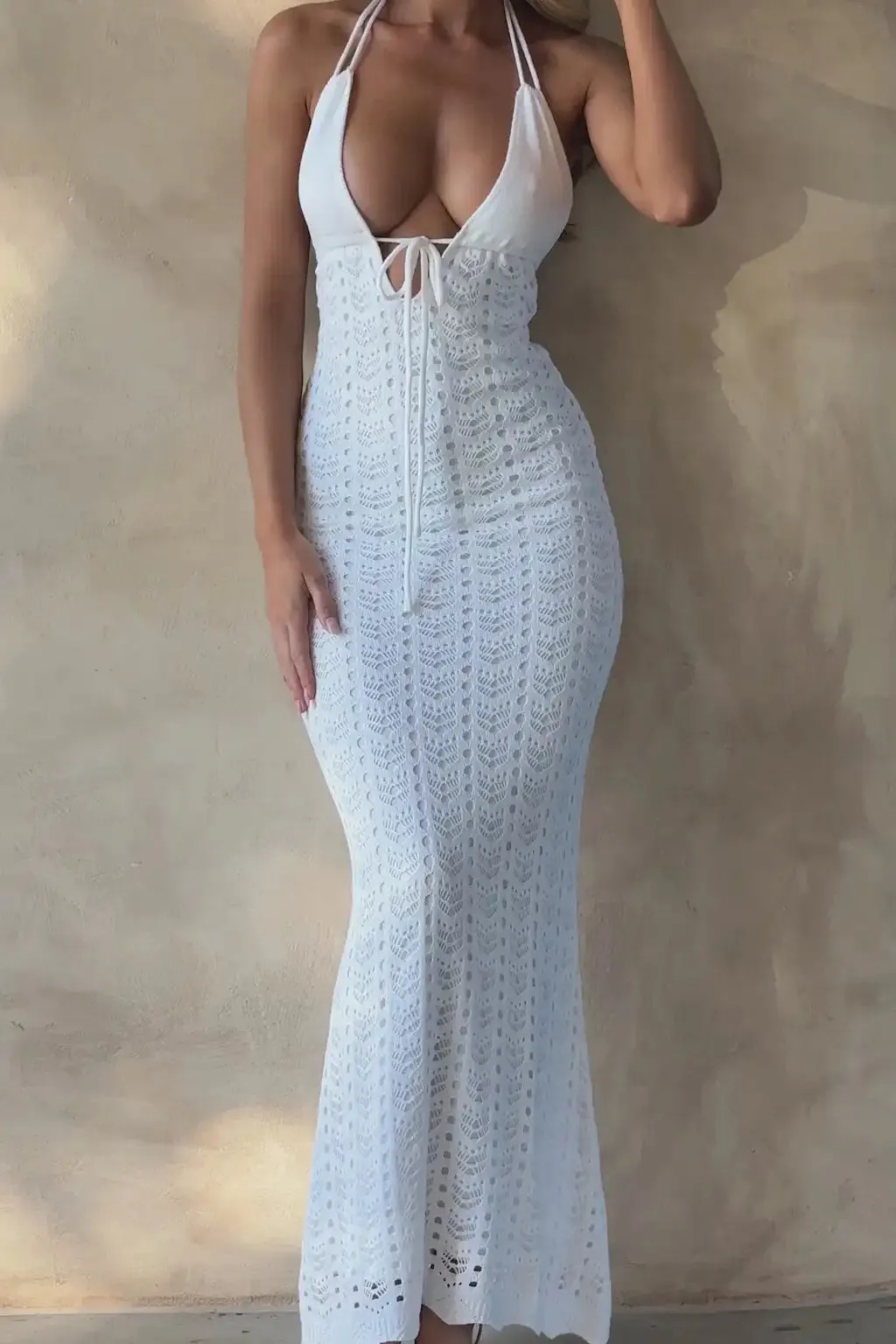 Pmystyle - Women's Summer Knitted Sleeveless Halter Neck Crochet Maxi Bodycon Lace Dress