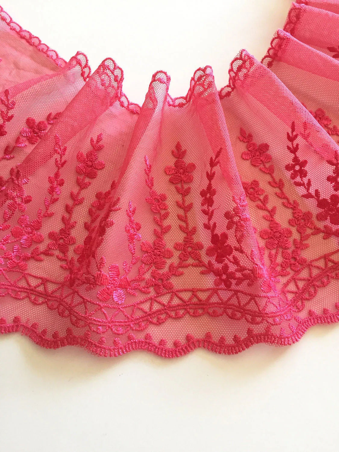 Rose Red 5.25" Wide Embroidered Lace Trim