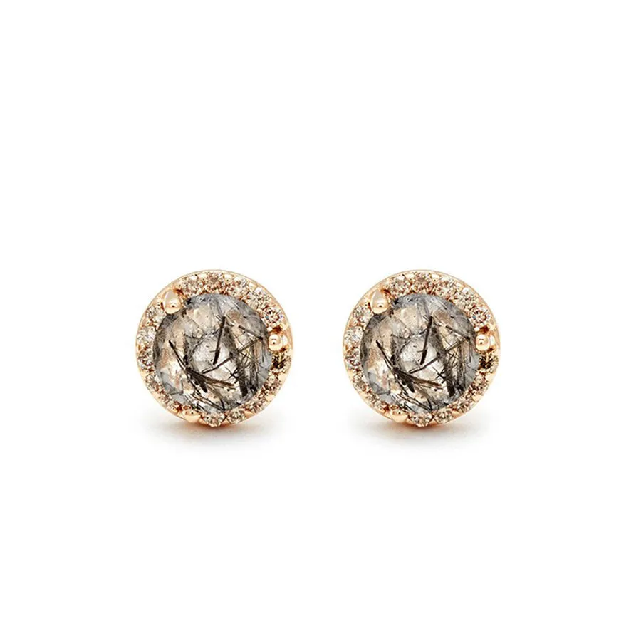 Rosette Stud Earring (Medium) - 14k Gold, Black Rutilated Quartz & Champagne Diamond