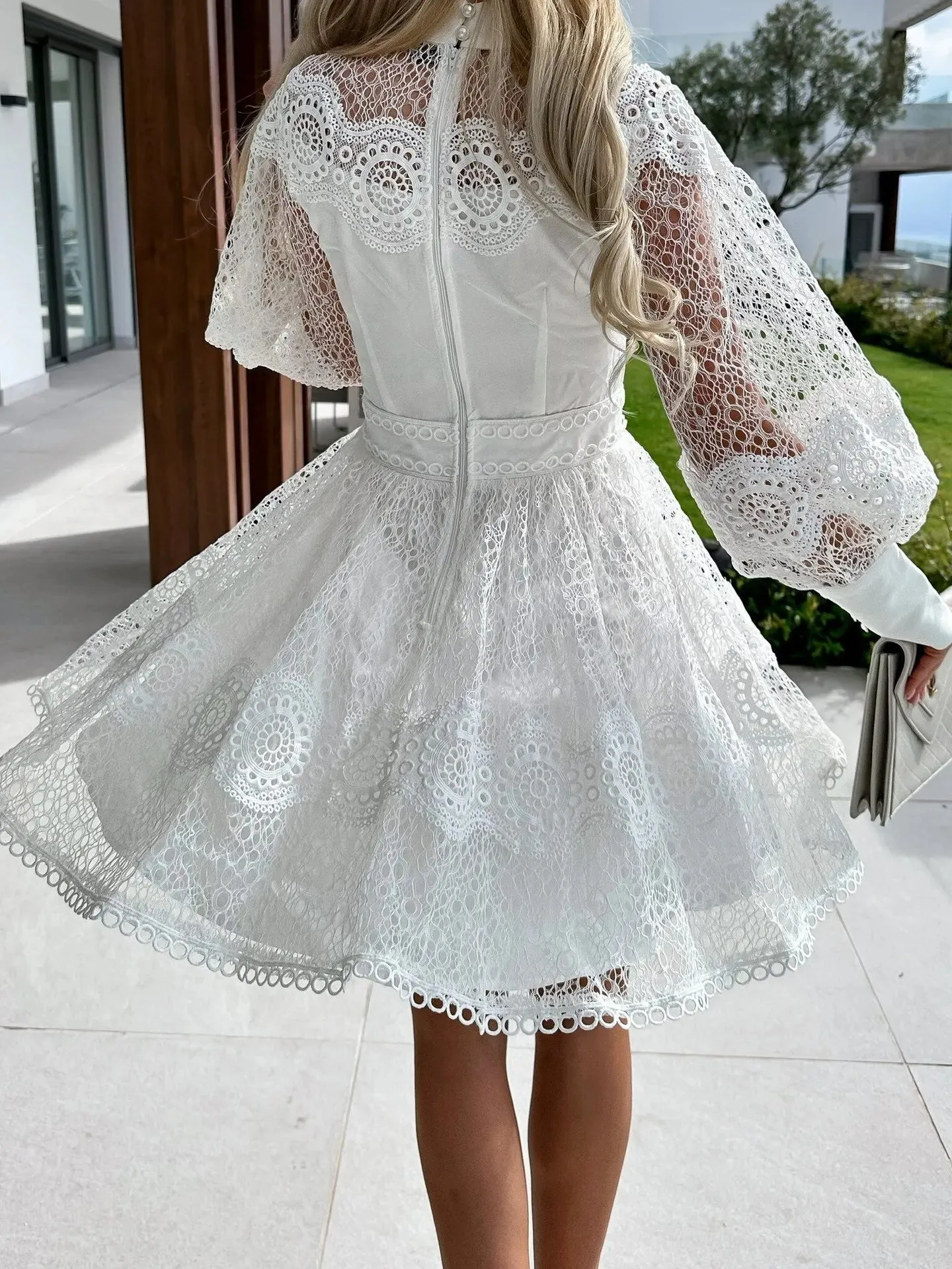 Sheer Lace Bishop Sleeve A-Line Mini Dress