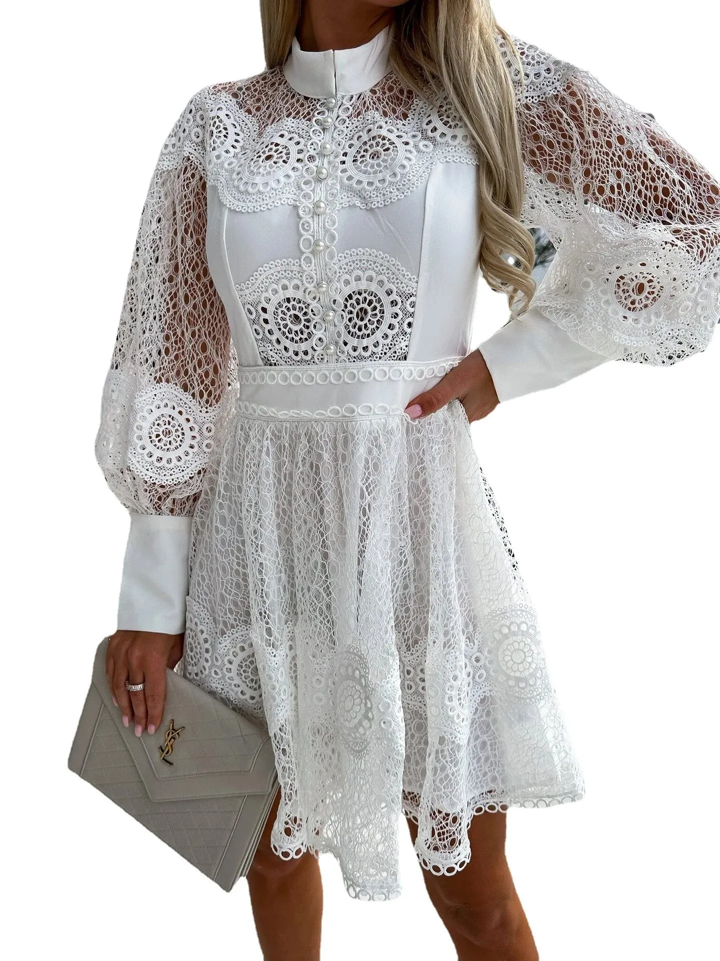 Sheer Lace Bishop Sleeve A-Line Mini Dress