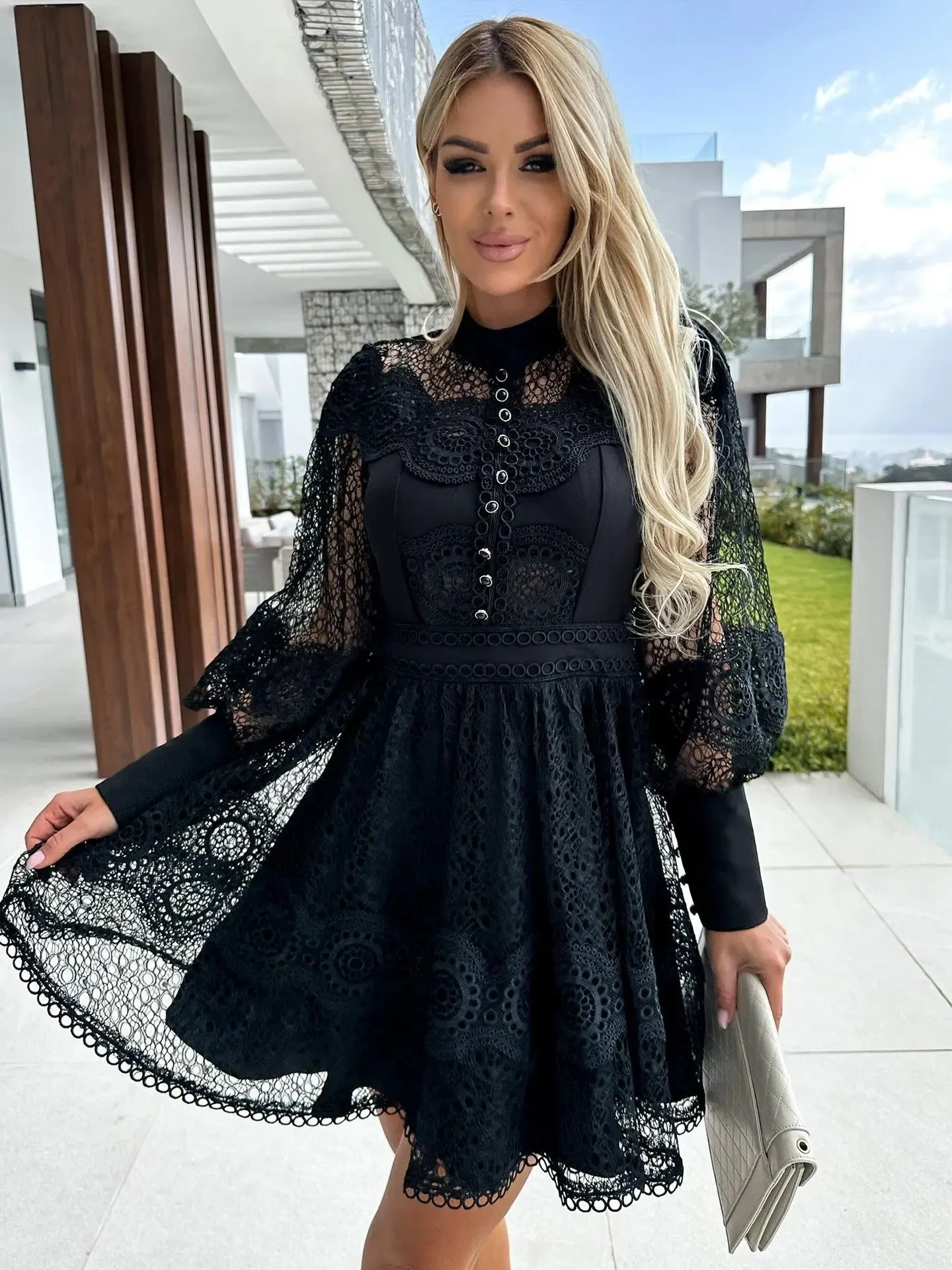 Sheer Lace Bishop Sleeve A-Line Mini Dress