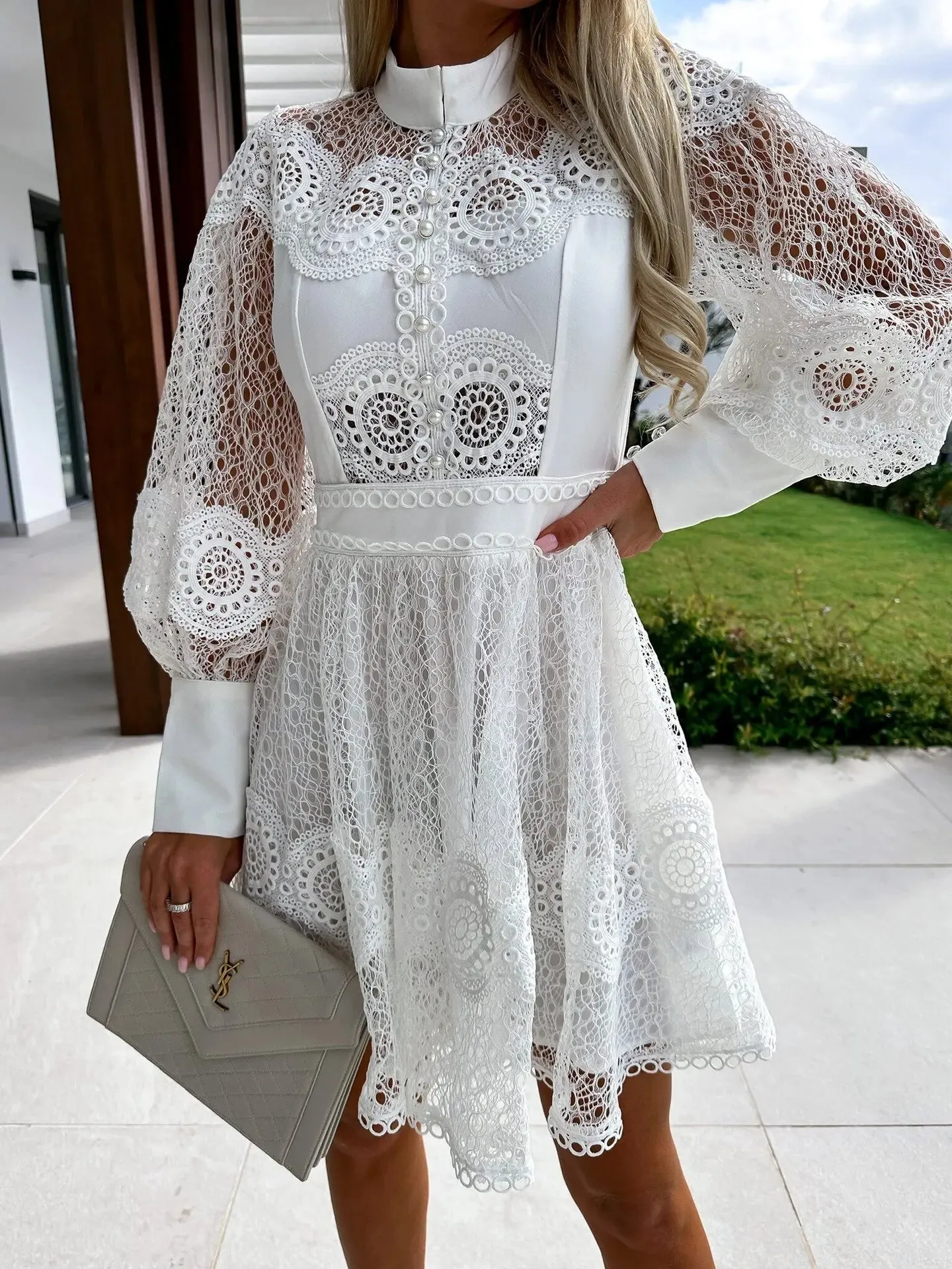 Sheer Lace Bishop Sleeve A-Line Mini Dress