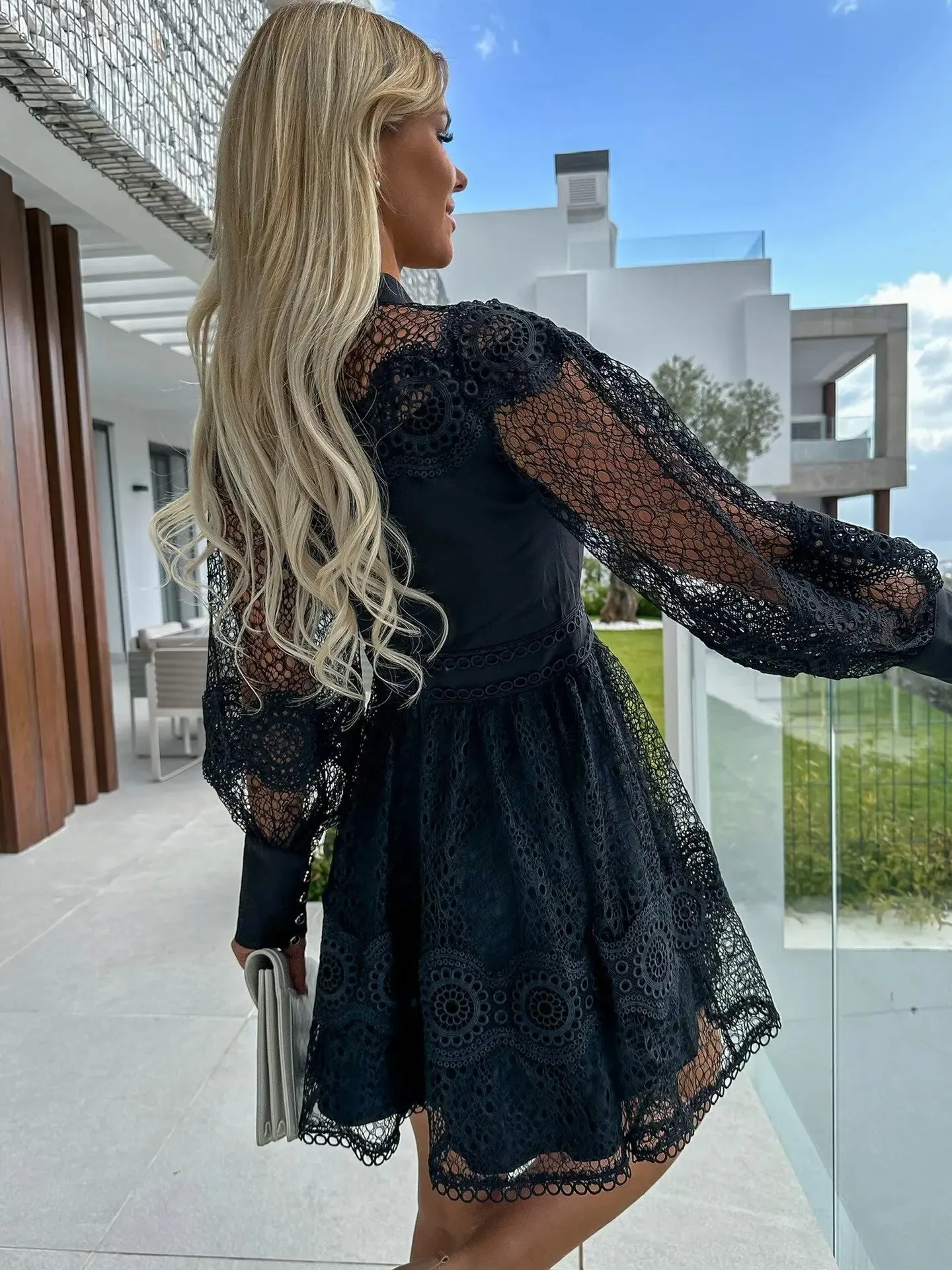 Sheer Lace Bishop Sleeve A-Line Mini Dress