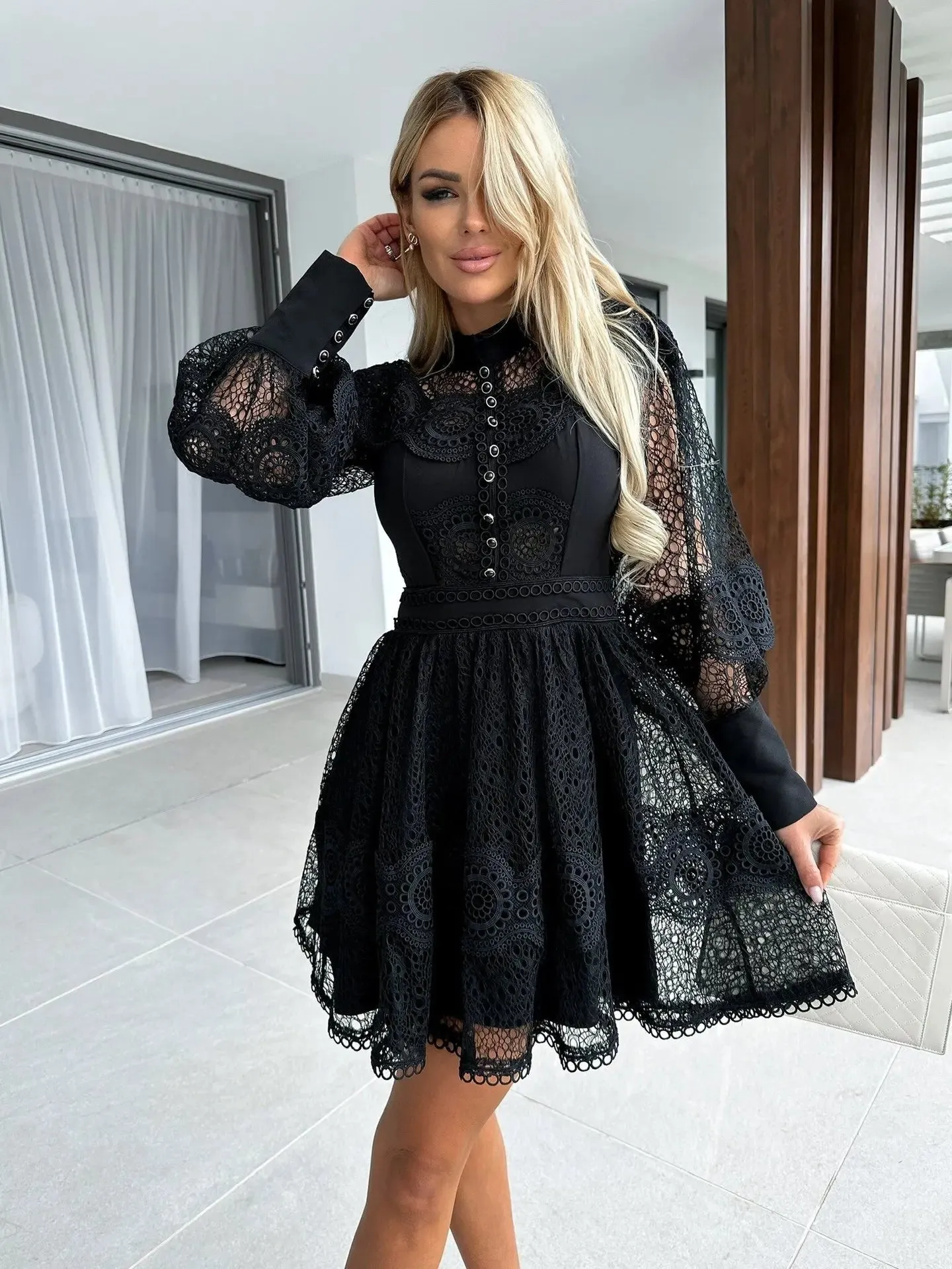 Sheer Lace Bishop Sleeve A-Line Mini Dress