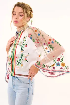 So Daphne Embroidered & Bead Embellished Mesh Bell Sleeve Drama Bomber Jacket