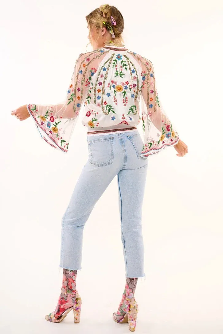 So Daphne Embroidered & Bead Embellished Mesh Bell Sleeve Drama Bomber Jacket