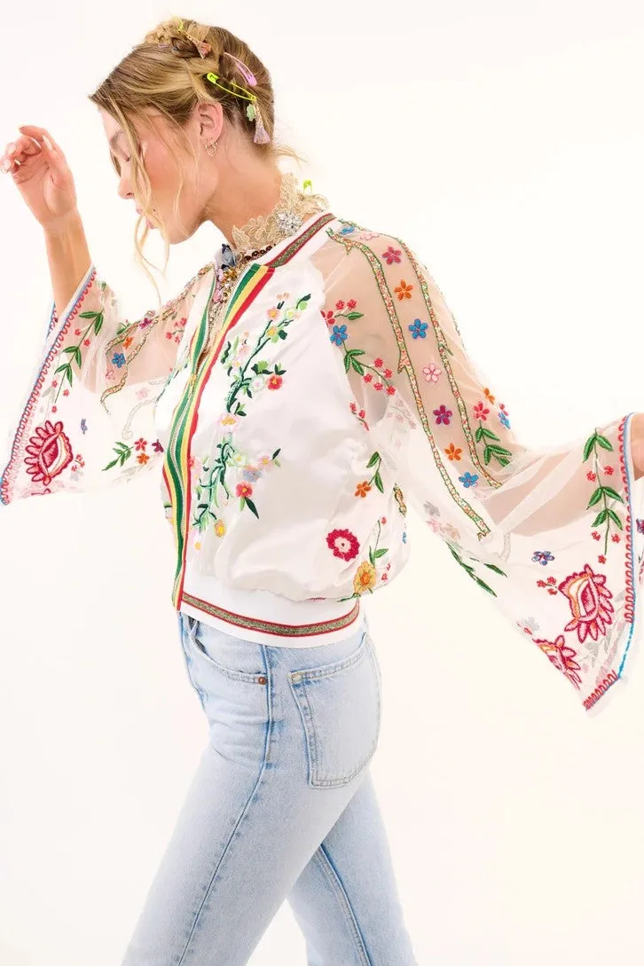 So Daphne Embroidered & Bead Embellished Mesh Bell Sleeve Drama Bomber Jacket