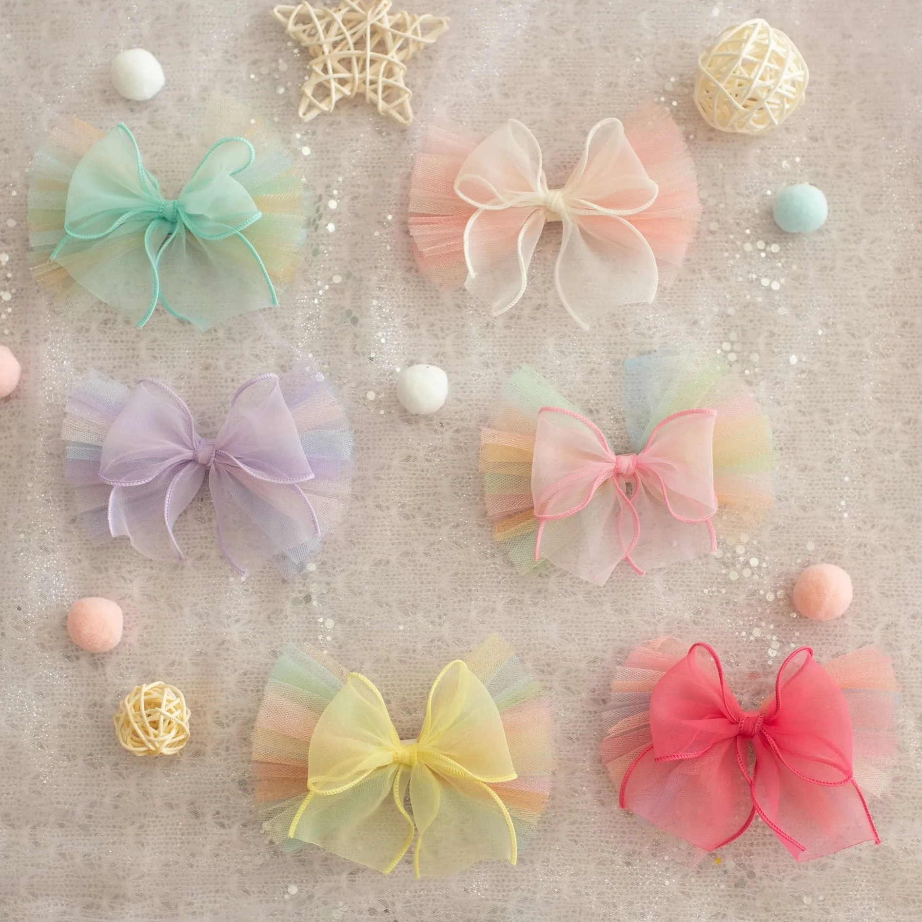 Summer Crystal Organza Tulle Large Bow Hair Clip