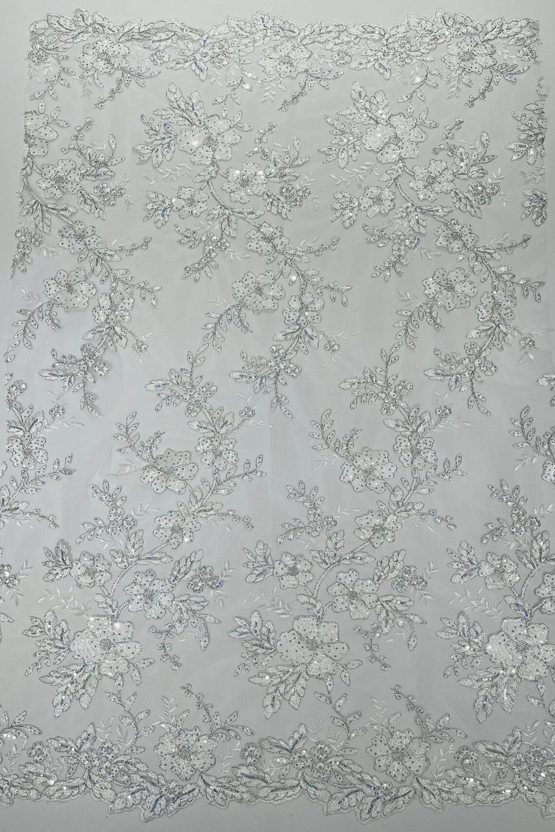 Two Tone Floral Fabric - Embroidered Lace with Flowers and Sequins Designs Sold By Yard