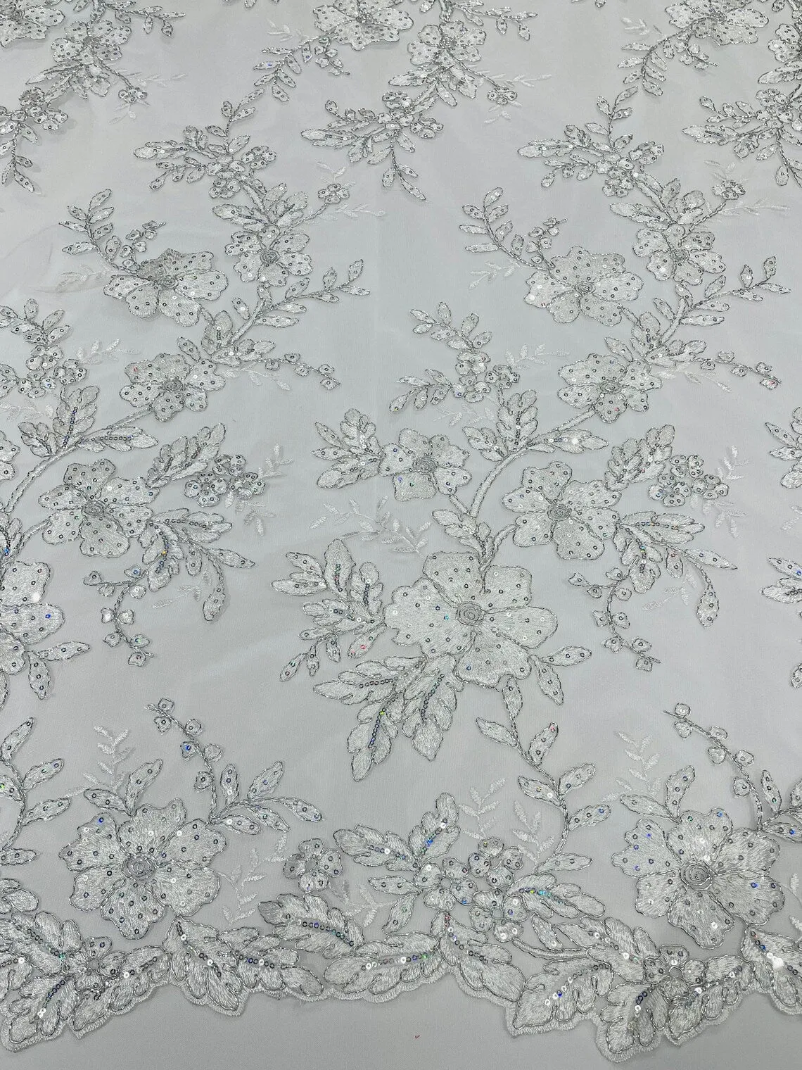 Two Tone Floral Fabric - Embroidered Lace with Flowers and Sequins Designs Sold By Yard