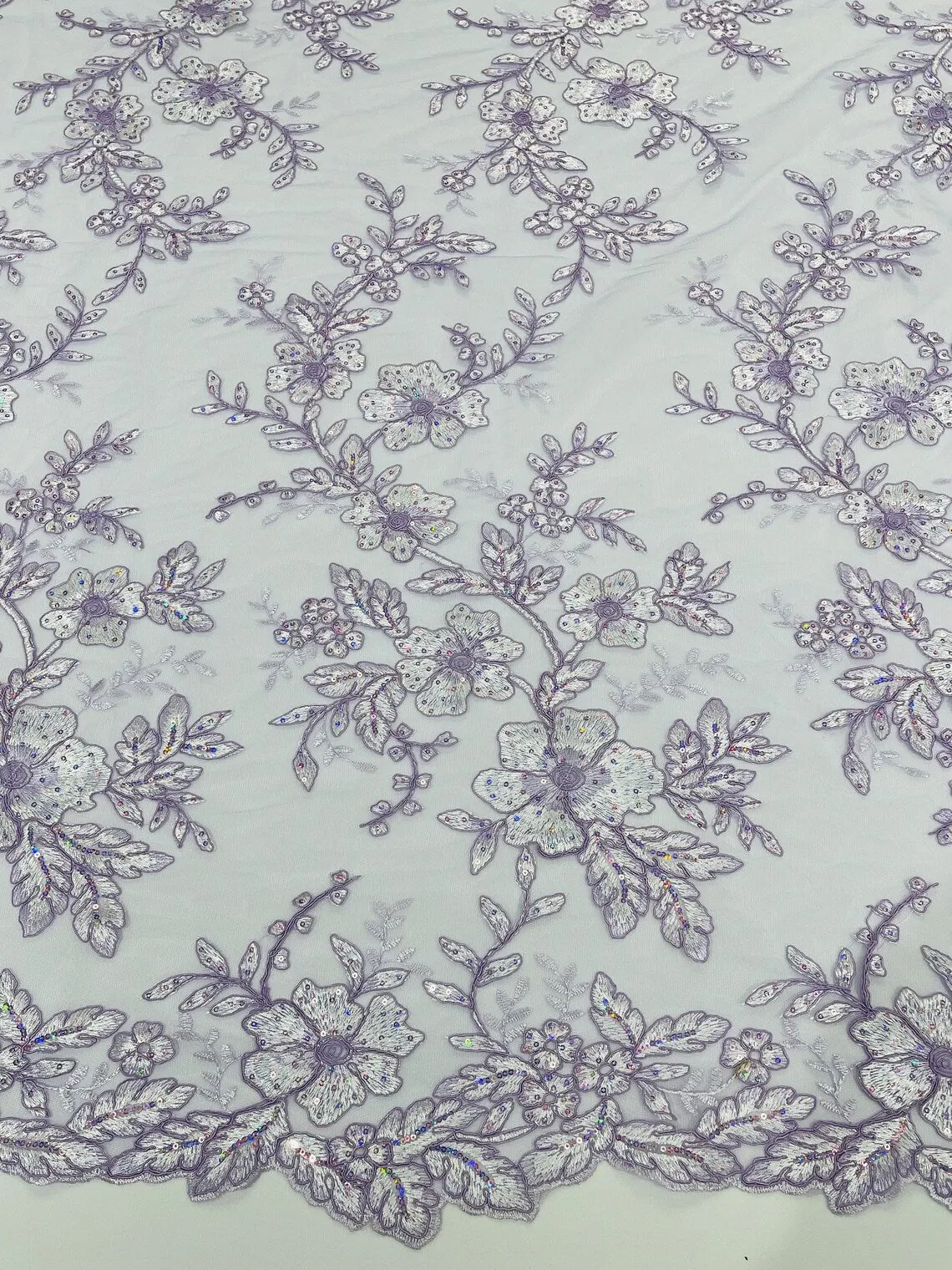 Two Tone Floral Fabric - Embroidered Lace with Flowers and Sequins Designs Sold By Yard