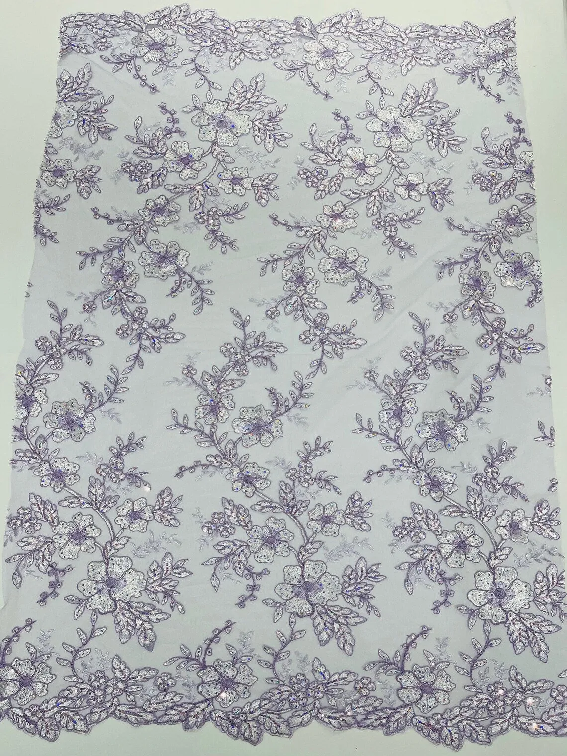 Two Tone Floral Fabric - Embroidered Lace with Flowers and Sequins Designs Sold By Yard