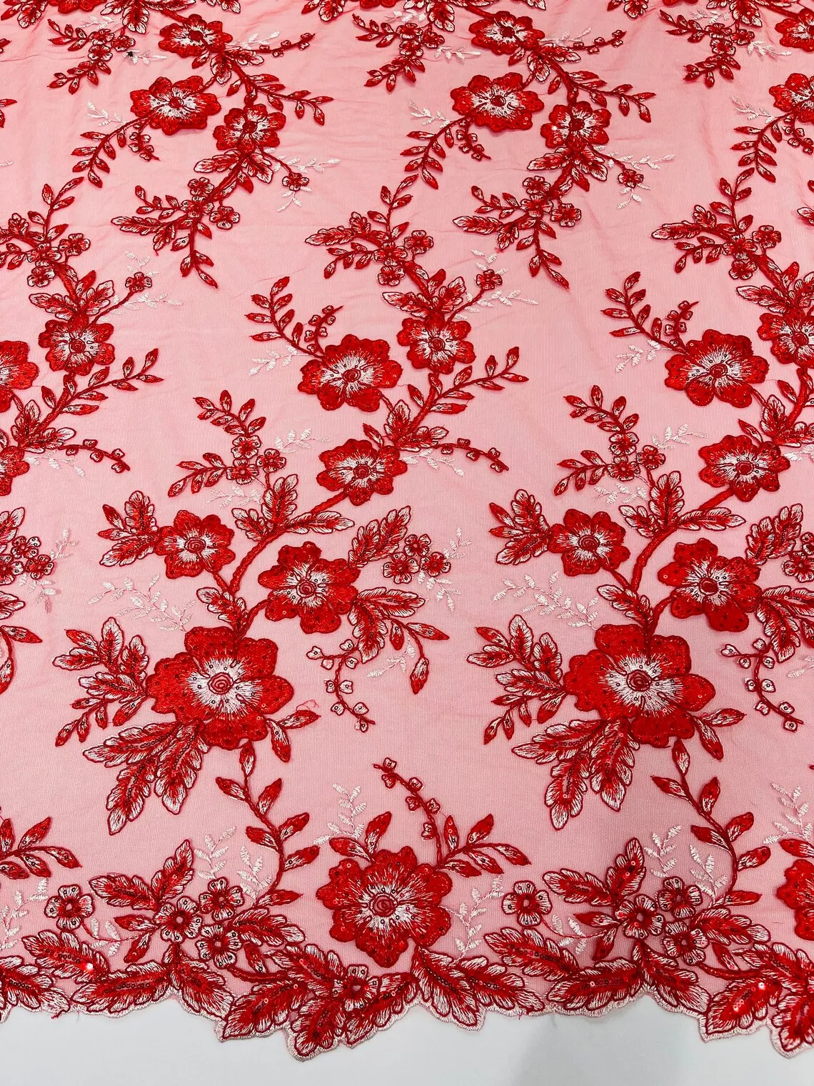 Two Tone Floral Fabric - Embroidered Lace with Flowers and Sequins Designs Sold By Yard