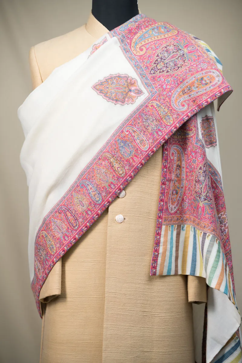 White Shawl With Paisley And Stripes Border